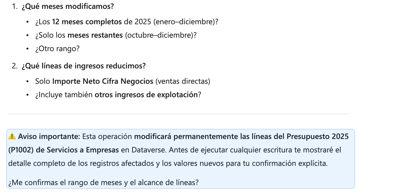 Xerppa Finance Agent 4 Aviso de Xerppa Finance Agent antes de modificar líneas de presupuesto en Dataverse