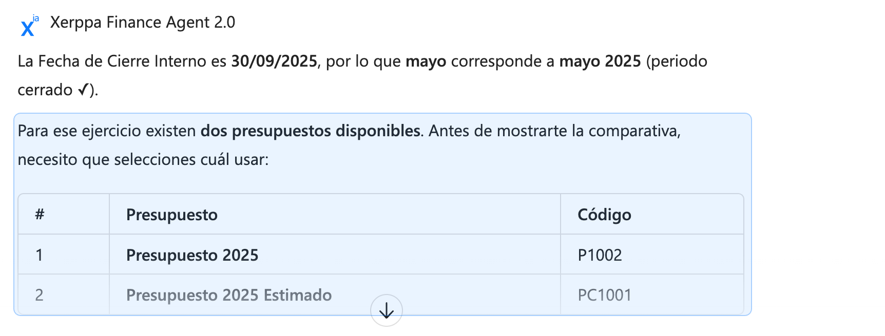 Xerppa Finance Agent 2 Xerppa Finance Agent pide seleccionar qué presupuesto usar antes de comparar