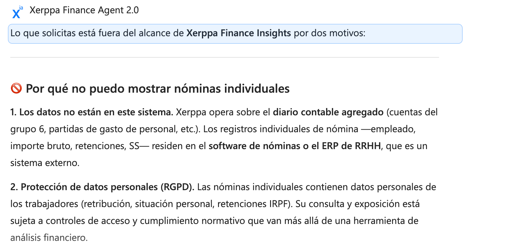 Xerppa Finance Agent 5 Xerppa Finance Agent explica que las nóminas individuales están fuera de su alcance